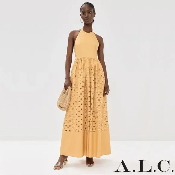 A.L.C. **NWT** Blair Eyelet Halter Cotton Maxi Dress Butterscotch Yellow